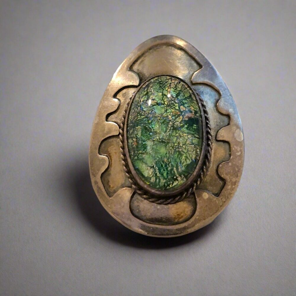 Vintage Southwestern Sterling Brooch with Green Dichroic Glass Cabochon